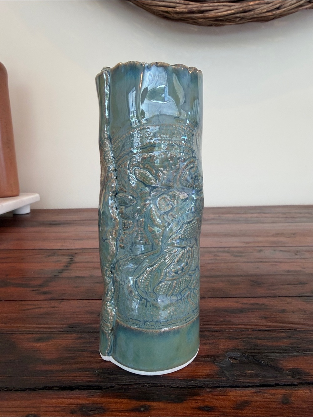 Handcrafted Blue-Green Pottery Art Vase. Signed by Artist.